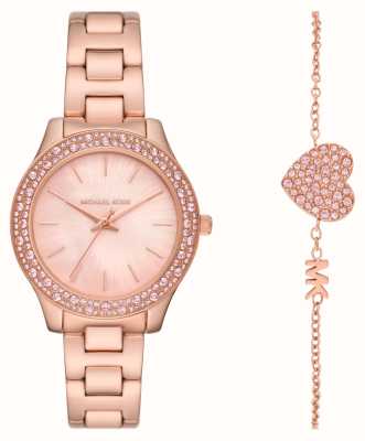Michael Kors Lilia | zegarek w kolorze różowego złota i bransoletka z kryształowym sercem MK1068SET