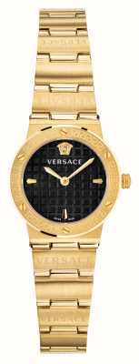 Versace Logo Greca mini (27 mm), czarna tarcza ze złotą stalą pvd VEZ100521
