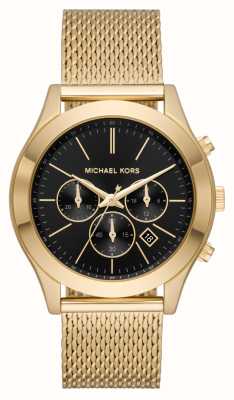 Michael Kors Wąski pas startowy | czarna tarcza chronografu | stalowa bransoletka typu mesh w kolorze złotym MK9057