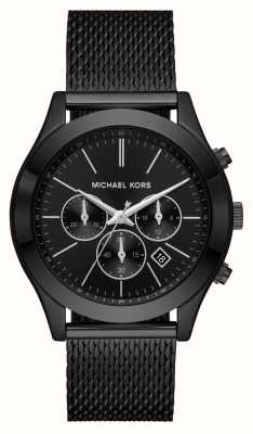 Michael Kors Wąski pas startowy | czarna tarcza chronografu | bransoletka z czarnej stalowej siatki MK9060