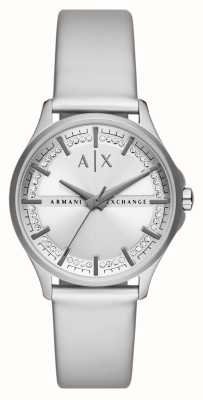 Armani Exchange damskie | srebrna tarcza | zestaw kryształów | srebrny skórzany pasek AX5270