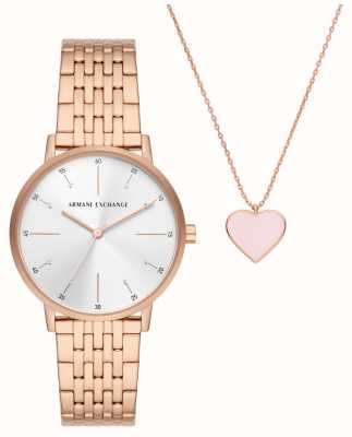 Armani Exchange Zestaw upominkowy dla kobiet | zegarek ze stali nierdzewnej w kolorze różowego złota | różowy naszyjnik serce AX7145SET