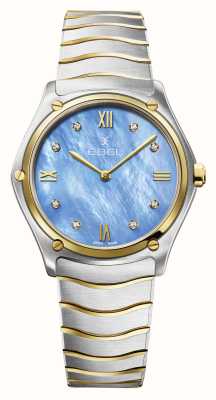 EBEL Sportowa klasyczna grande lady – 8 diamentów (33 mm) spokojna niebieska tarcza / 18-karatowe złoto i stal nierdzewna 1216603