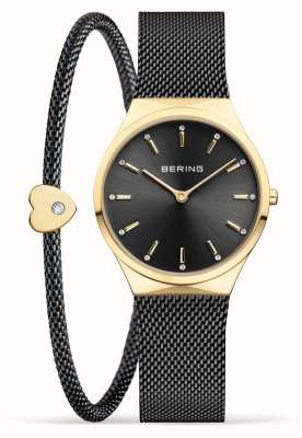 Bering Klasyczny damski zegarek i bransoletka w kolorze czarnym i polerowanym złocie 12131-132-GWP