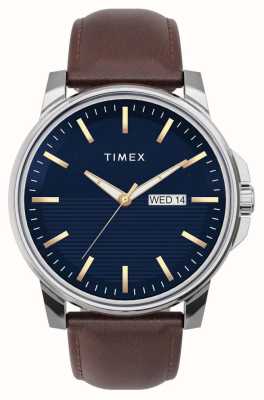 Timex Męska sukienka z niebieską tarczą i brązowym skórzanym paskiem TW2V79200