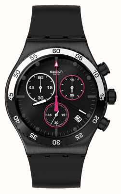 Swatch Magenta nocą czarna tarcza chronografu / czarny gumowy pasek YVB413