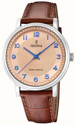 estina Męski zegarek solarny (41 mm) z różową tarczą / brązowym skórzanym paskiem F20660/2