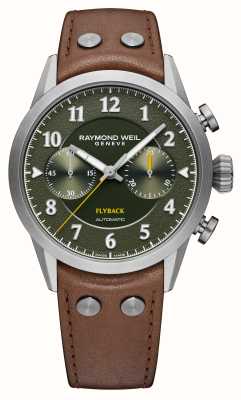 Raymond Weil Męski chronograf typu pilot flyback Freelancer (42 mm) z zieloną tarczą i brązowym skórzanym paskiem 7783-TIC-05520