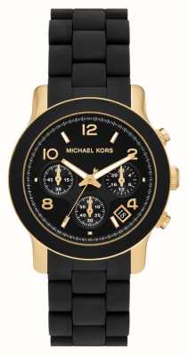 Michael Kors Czarna tarcza chronografu Runway (38 mm) / czarna silikonowa bransoleta ze stali nierdzewnej MK7385