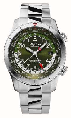 Alpina Startowy pilot kwarcowy zegar światowy (41 mm) z zieloną tarczą / stalą nierdzewną AL-255GR4S26B