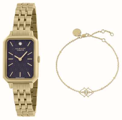Radley Zestaw Selby (20 mm), pozłacany, prostokątny zegarek z prawdziwym diamentem i bransoletka RY4632-SET