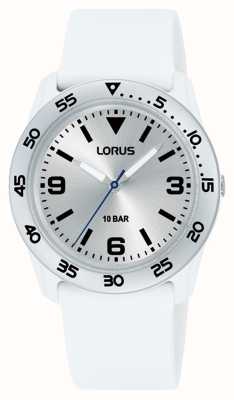 Lorus Dziecięcy kwarcowy zegarek o średnicy 100 m (36,5 mm) ze srebrną tarczą przeciwsłoneczną i białym paskiem z PU RRX93HX9
