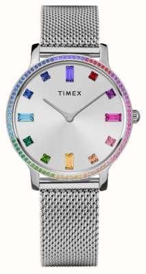 Timex Damska (34 mm) srebrna tarcza z tęczowymi kryształami / bransoleta z siatki ze stali nierdzewnej TW2W19100