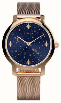 Timex Damska niebieska tarcza typu Celestial Trans (31 mm) i stalowa bransoleta z siatki w kolorze różowego złota TW2W21400