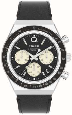 Timex Inspirowany Q nurek chronograf (40 mm) z czarną tarczą i czarnym skórzanym paskiem TW2V42700