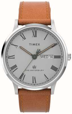 Timex Męska szara tarcza waterbury (40 mm) i brązowy skórzany pasek TW2V73600