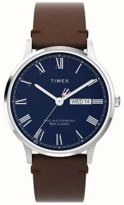Timex Męska niebieska tarcza waterbury (40 mm) i brązowy skórzany pasek TW2W14900