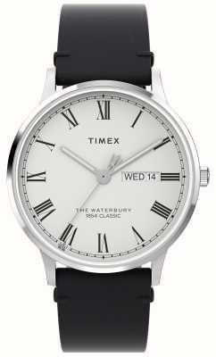 Timex Męska klasyczna, biała tarcza waterbury (40 mm) i czarny skórzany pasek TW2W15000