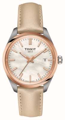 Tissot Damska tarcza pr 100 (34 mm) z masy perłowej i kremowy skórzany pasek T1502102611100