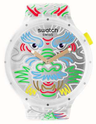 Swatch Smok w chmurze (47 mm) srebrna wzorzysta tarcza / wzorzysty silikonowy pasek SB05Z102
