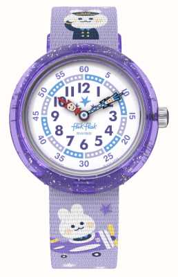 Flik Flak Dziecięcy zegarek w pogoni za chmurami (31,85 mm), biała tarcza i fioletowy pasek materiałowy ze wzorem pilota FBNP220