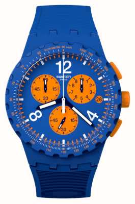 Swatch Przede wszystkim niebieska (42 mm), niebiesko-pomarańczowa tarcza chronografu / niebieski silikonowy pasek SUSN419