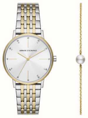 Armani Exchange Zestaw upominkowy damski zegarek i bransoletka (36 mm) ze srebrną tarczą / dwukolorową bransoletą ze stali nierdzewnej AX7156SET