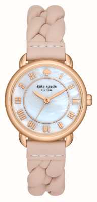 Kate Spade Damski zegarek Lily Avenue (34 mm) z białą tarczą z masy perłowej i różowym plecionym skórzanym paskiem KSW1821