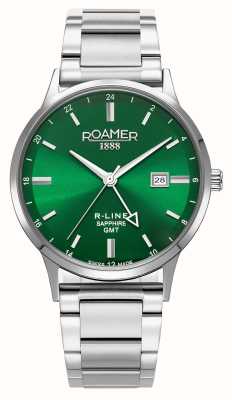 Roamer Zielona tarcza R-line GMT (43 mm) z wymienną bransoletą ze stali nierdzewnej i czarnym skórzanym paskiem 990987 41 75 05