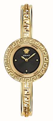 Versace Kultowa czarna tarcza la greca (28 mm) i bransoleta ze stali nierdzewnej w kolorze złotym VE8C00524