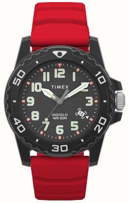 Timex Czarna tarcza w stylu nurka (42 mm) i czerwony silikonowy pasek TW5M61000