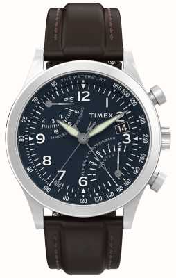 Timex Tradycyjny chronograf Waterbury z mechanizmem fly-back (42 mm), niebieska tarcza i brązowy skórzany pasek TW2W47900