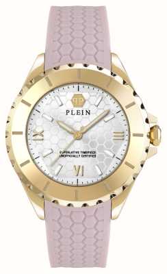 Philipp Plein Plein Heaven (38 mm), biała tarcza z logo i różowy silikonowy pasek PWPOA0224