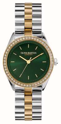 Olivia Burton Sportowa, luksusowa, wysadzana klejnotami (34 mm) zielona tarcza / dwukolorowa bransoleta ze stali nierdzewnej 24000137