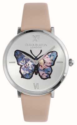 Olivia Burton Charakterystyczny motyl (35 mm) srebrna tarcza motylkowa / różowy skórzany pasek 24000145