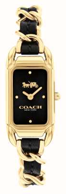 Coach Damska czarna prostokątna tarcza Cadie / czarna skórzana bransoleta ze stali nierdzewnej w kolorze złotym 14504281