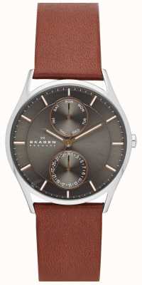 Skagen Męski zegarek holst z brązowym skórzanym paskiem SKW6086