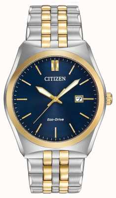 Citizen Męski zegarek corso eco-drive ze stali nierdzewnej ze złotą i niebieską tarczą BM7334-58L