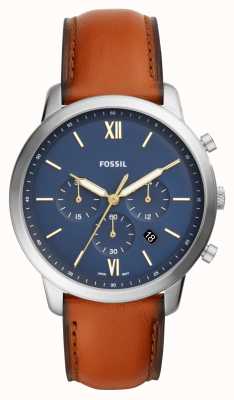 Fossil Męski chronograf neutra | niebieska tarcza chronografu | zegarek z brązowym skórzanym paskiem FS5453