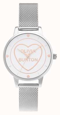 Olivia Burton Biała tarcza ze srebrnej siateczki w kształcie serca w kształcie serca OB16CD02