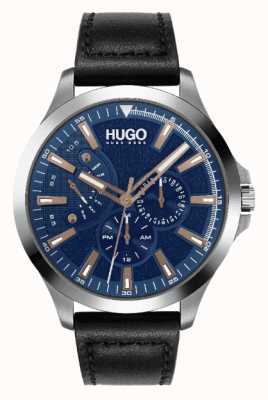 HUGO Męski #leap | niebieska tarcza | akcent różowo-złoty | zegarek z czarnym skórzanym paskiem 1530172