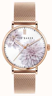 Ted Baker | damskie | peonia phylipa | bransoletka z siatki w kolorze różowego złota | biała tarcza w kwiaty | BKPPHF010