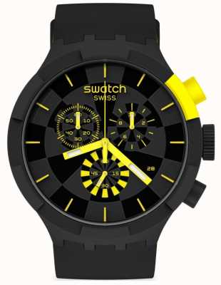 Swatch Żółty punkt kontrolny | duży, pogrubiony chrono | czarno-żółty silikonowy pasek | czarna tarcza SB02B403