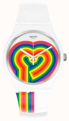 Swatch Pokonując miłość | walentynki | biały silikonowy pasek | tarcza tęczowego serca SUOW171
