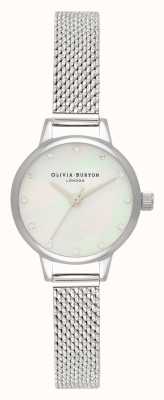 Olivia Burton Mini biała tarcza z masy perłowej, błyszczące markery i srebrny zegarek z siateczki boucle OB16MN04