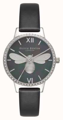 Olivia Burton Czarno-srebrny zegarek Lucky bee midi z błyszczącym cyferblatem OB16BB13