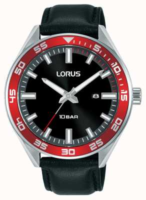 Lorus Sportowy zegarek kwarcowy czarna tarcza sunray czarny skórzany pasek RH941NX9