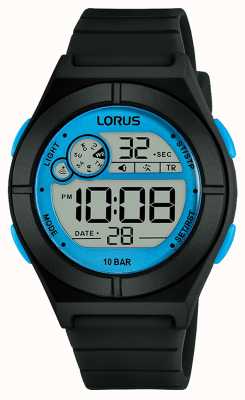 Lorus Damski zegarek cyfrowy czarny silikonowy pasek z niebieskimi detalami R2361NX9
