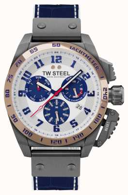 TW Steel Limitowana edycja chronografu Damon Hill (46 mm) z białą satynową tarczą i ciemnoniebieskim skórzanym paskiem TW1018