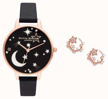 Olivia Burton Ramadan niebiański czarny i różowozłoty zegarek i zestaw podarunkowy z kolczykami OB16GSET40
